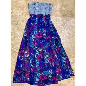 Sweetheart Denim Floral Maxi Dress W/Dbl Hgh Slit